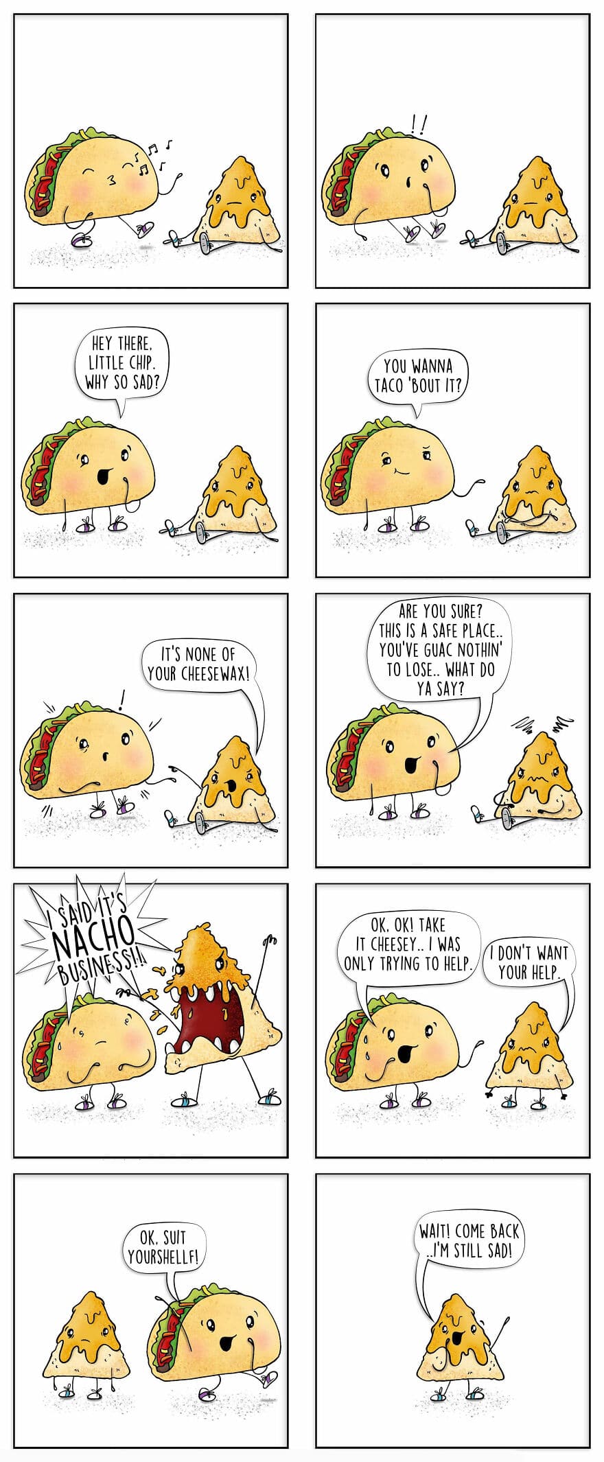 Comic strip of a taco and nacho talking about their feelings and friendship.