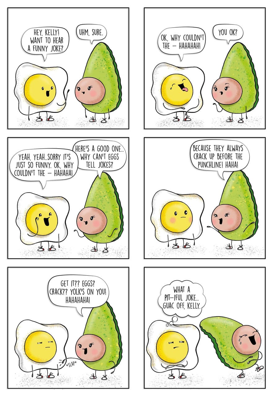 Comic strip of an avocado and a fried egg joking about eggs and pun jokes.