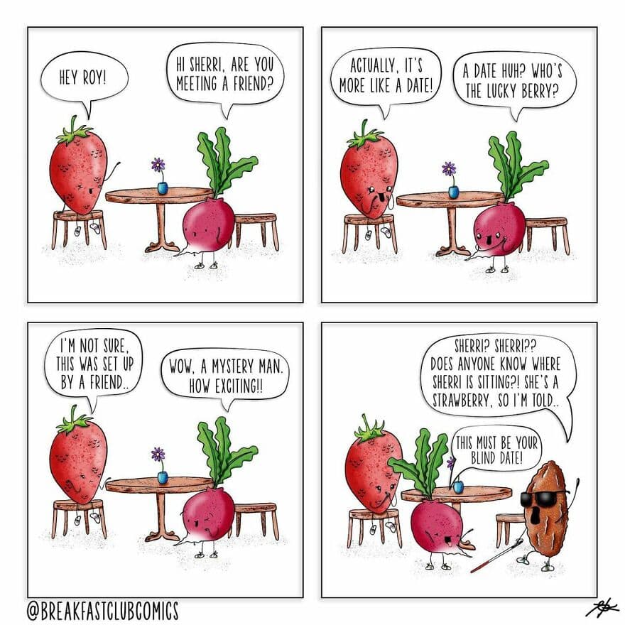 Comic strip with strawberries and a radish at a date, talking about a mystery man.