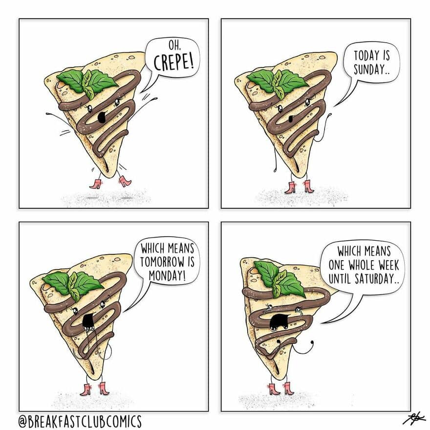 Comic strip of a crepe with chocolate and mint, with speech bubbles about the week.