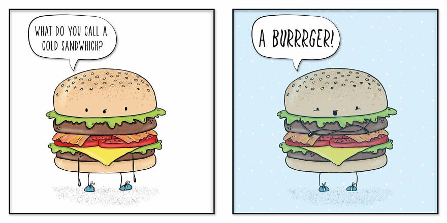 Comic strip with a sandwich character asking and answering a joke.