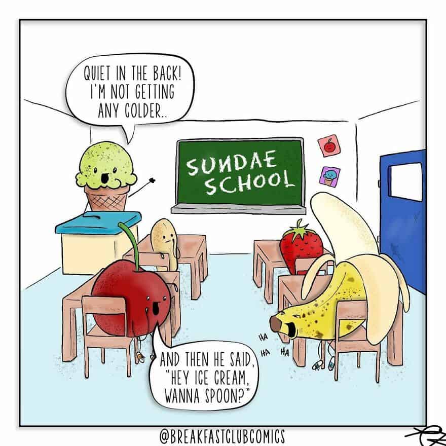 Food characters in classroom with 'Sundae School' chalkboard, ice cream says 'quiet in the back'.
