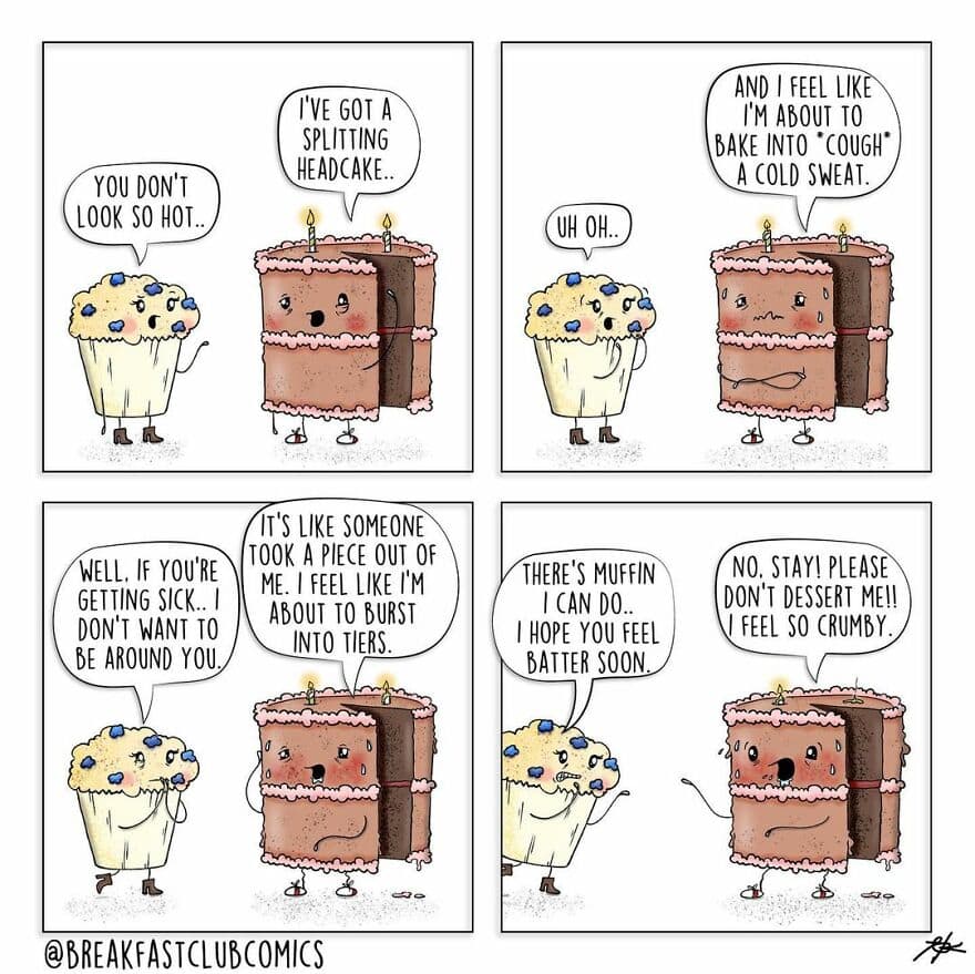 Comic strip with cupcake and cake characters discussing health and comfort.