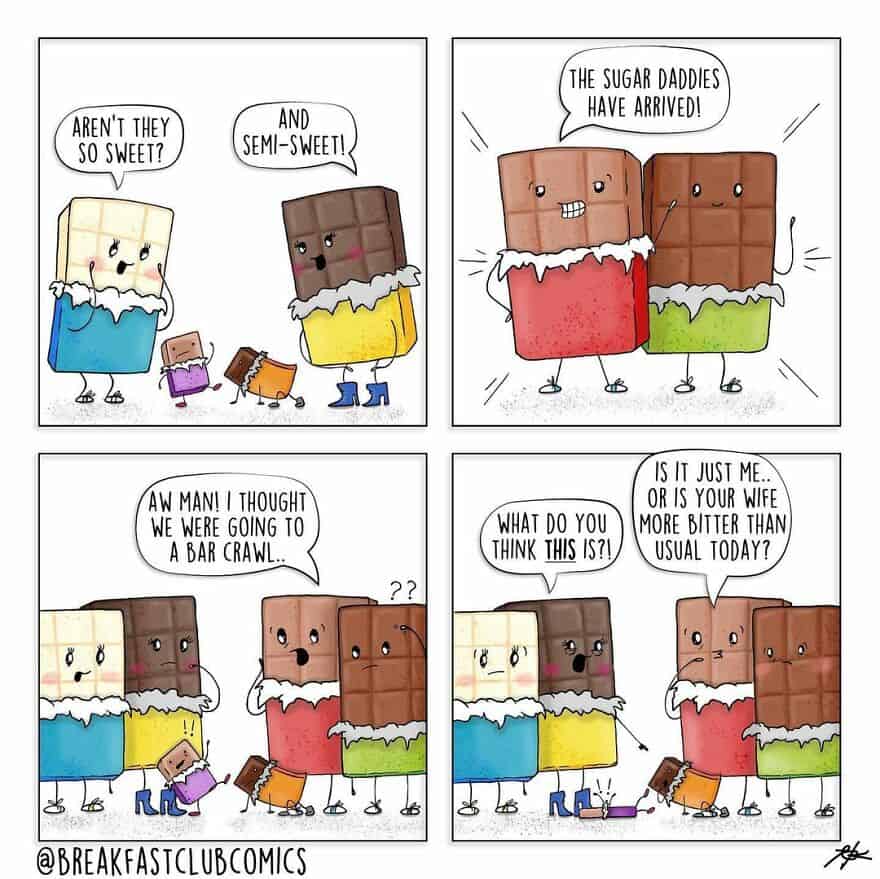 Comic strip with anthropomorphic chocolate and vanilla bars talking about sweets and a bar crawl.