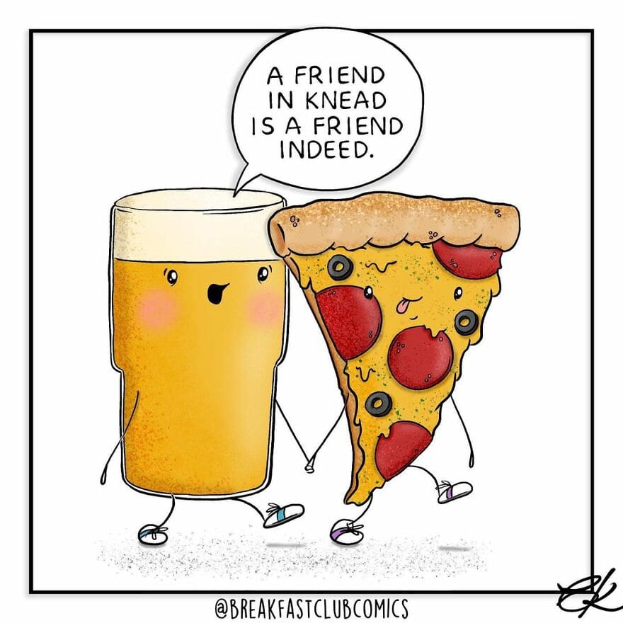 Beer and pizza holding hands with a pun about friends in need.