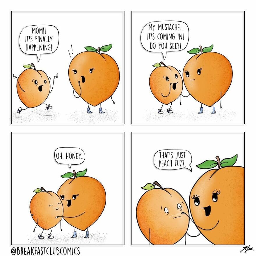 Comic strip with peach and orange characters talking about mustache and peach fuzz.