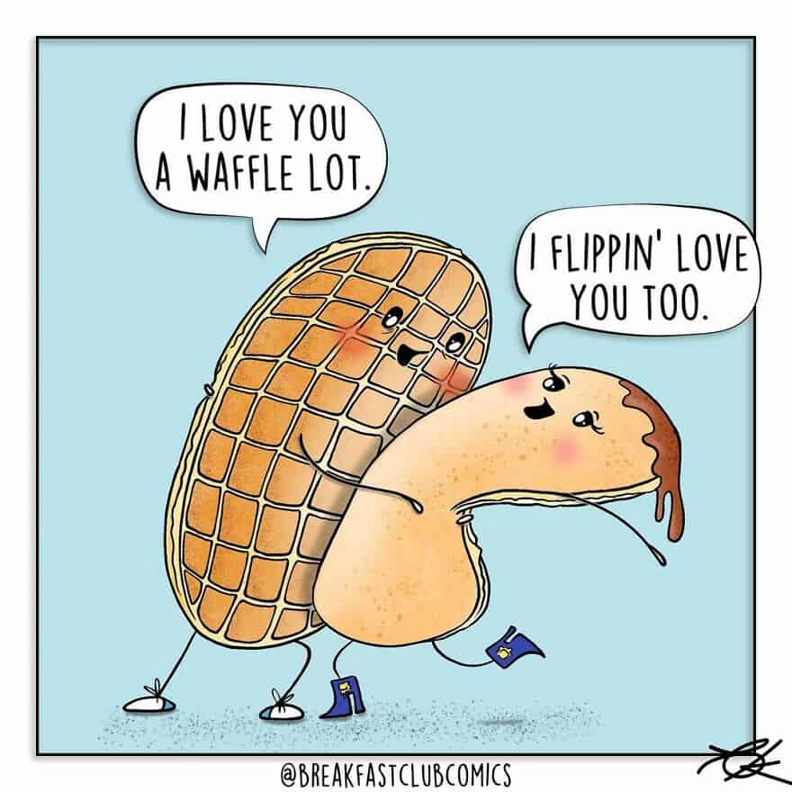 Waffle and pancake characters with love expressions, shoes, and speech bubbles.