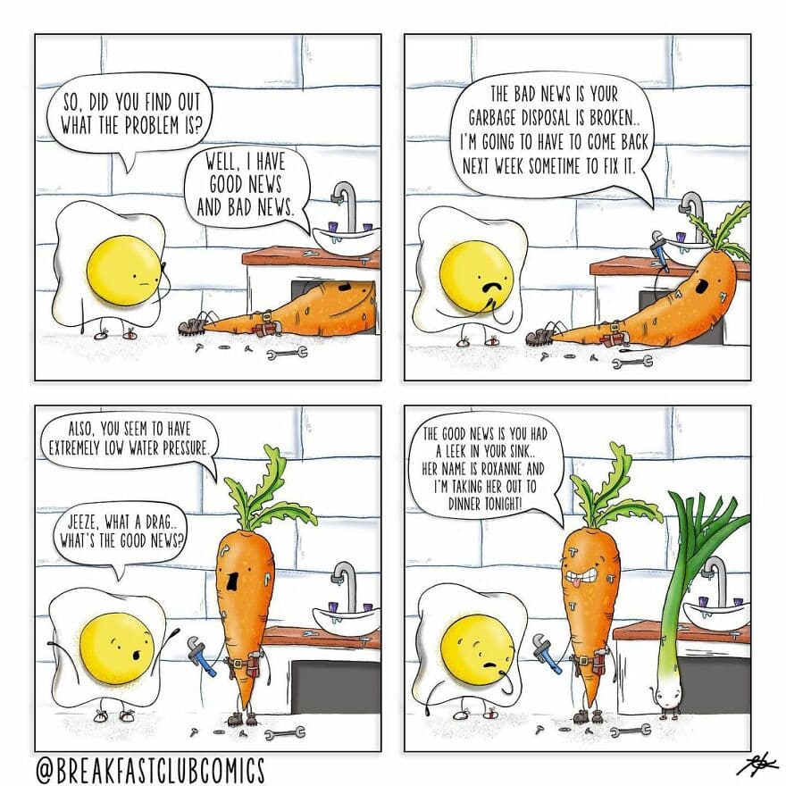Comic strip with a fried egg and a carrot discussing bad news about a broken garbage disposal.