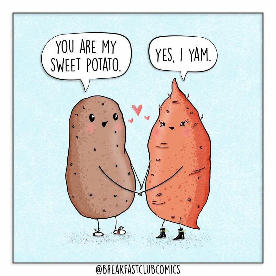 Sweet potato and yam holding hands, saying 'You are my sweet potato' and 'Yes, I yam.'.