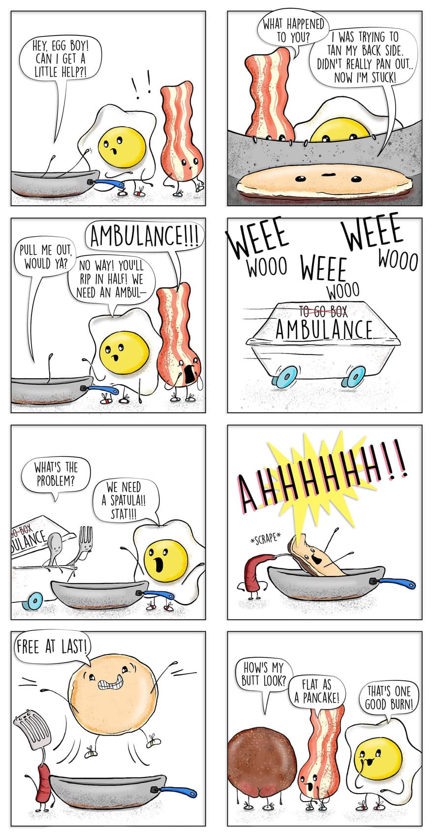 Comic strip with food characters and a yellow egg, showing a humorous emergency scene.
