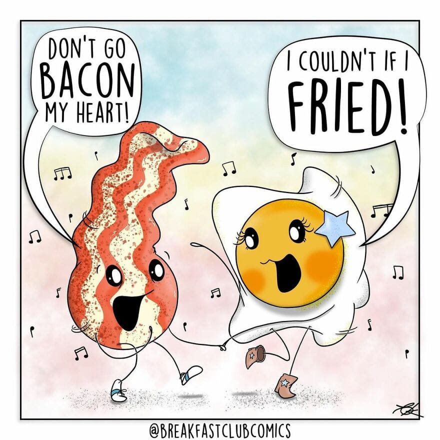 Bacon and fried egg characters singing and dancing, holding hands.