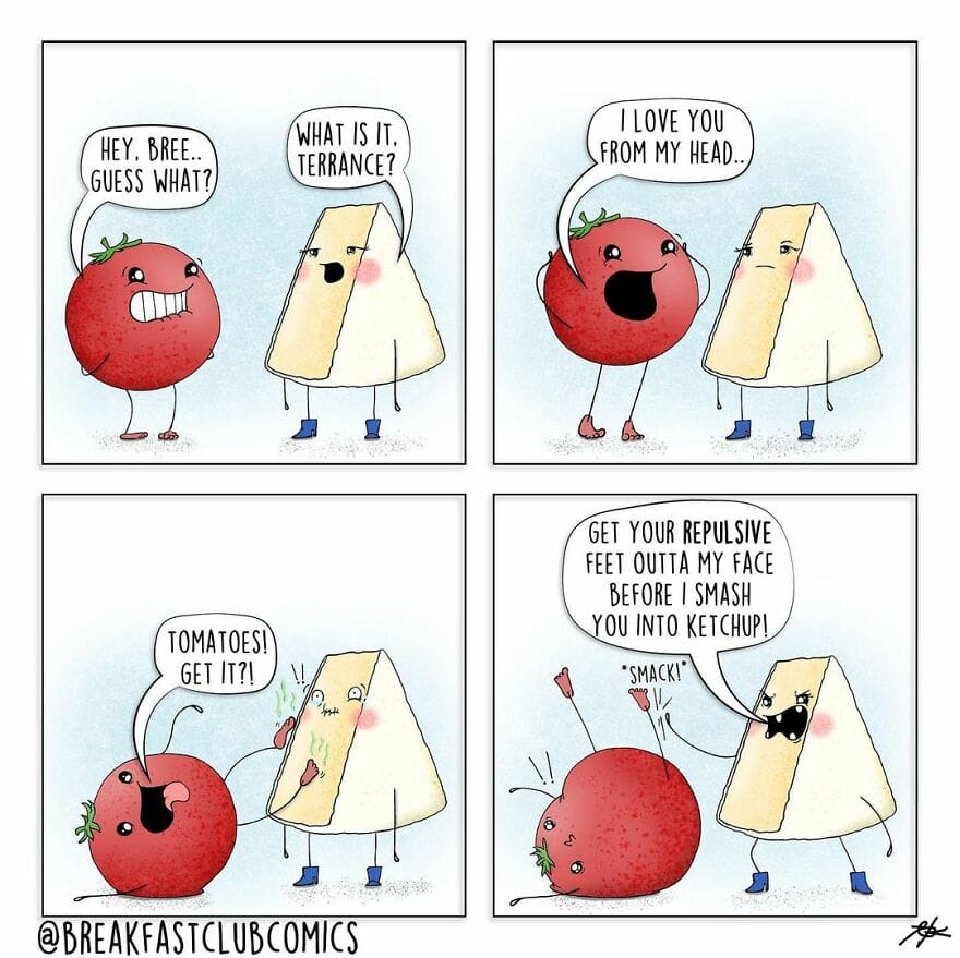 Comic strip with a tomato and a slice of cheese joking about love and ketchup.