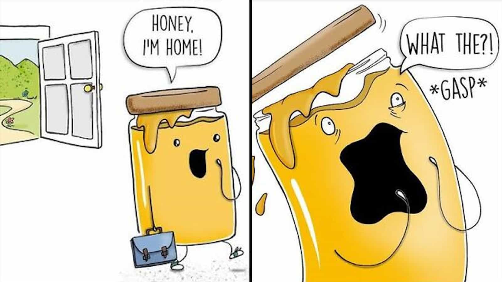 A comic strip of a glass of orange juice and a glass of beer with surprised expressions.