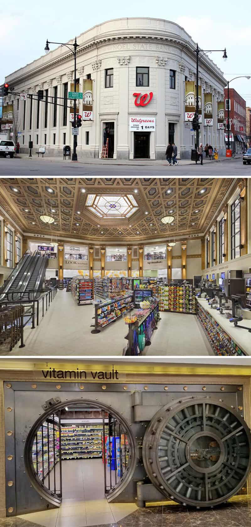 Converted building with Walgreens sign, exterior view, city street scene.