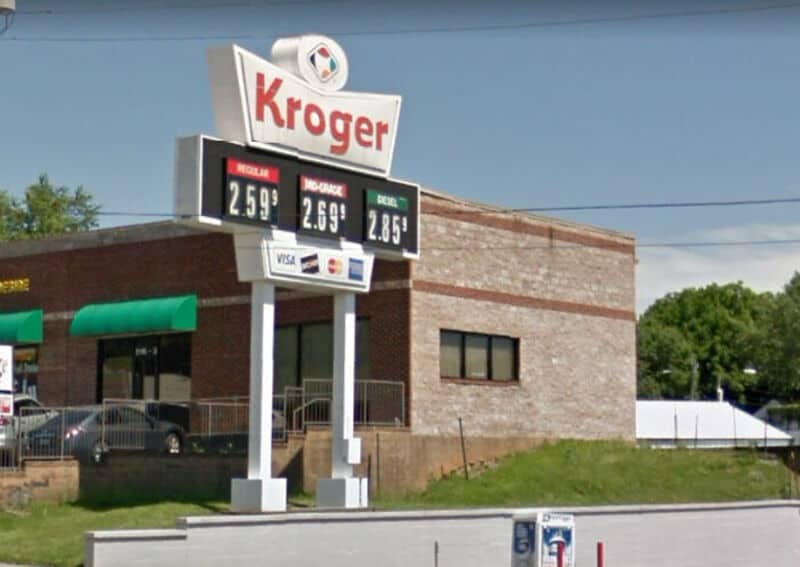Kroger sign showing fuel prices: $2.59 for regular, $2.69 for mid-grade, $2.85 for premium.