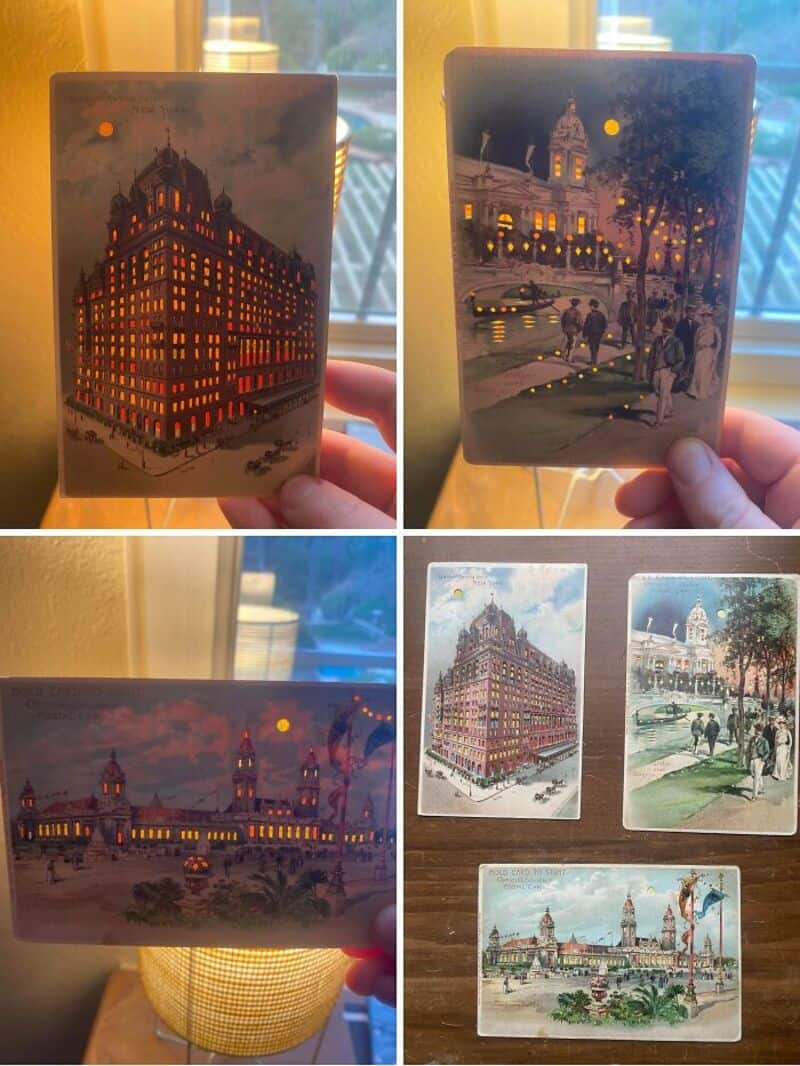 Collection of vintage postcards featuring cityscapes and landmarks.