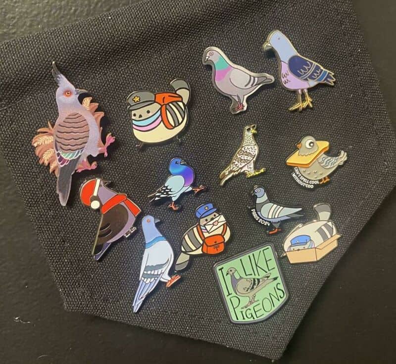 Collection of colorful pigeon pins on black fabric, including a 'I Like Pigeons' badge.
