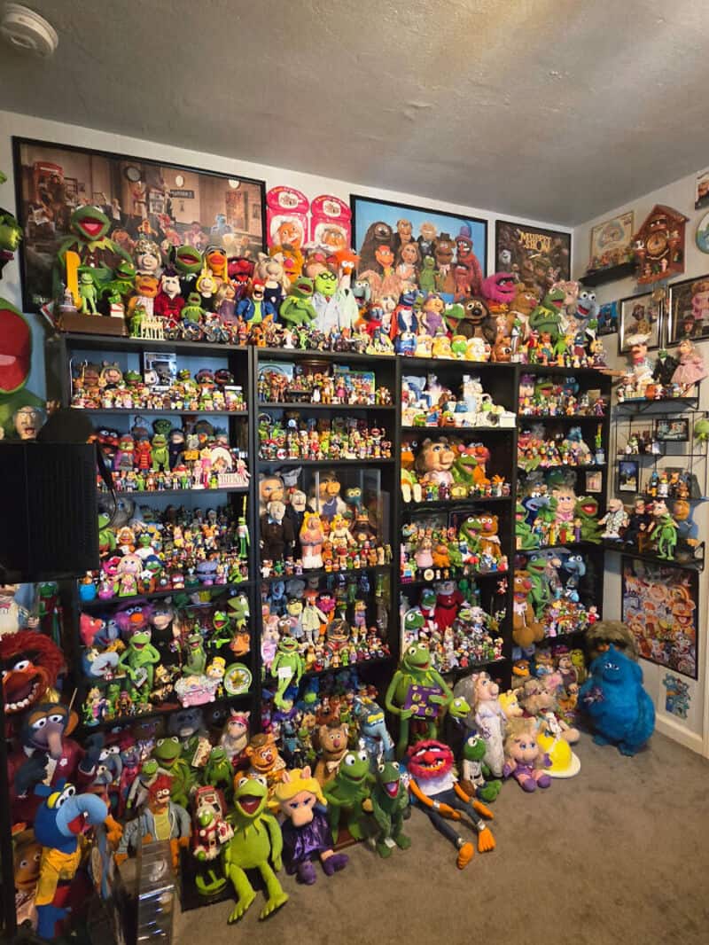 Collection of various plush toys and figurines on shelves and floor in a room.