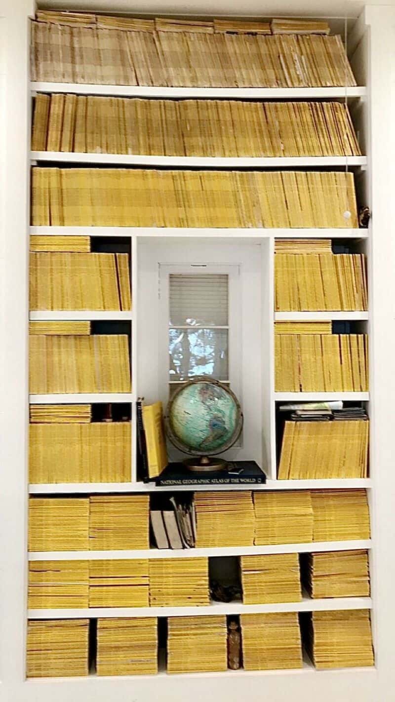 Bookshelves filled with yellow books and a globe in the center.
