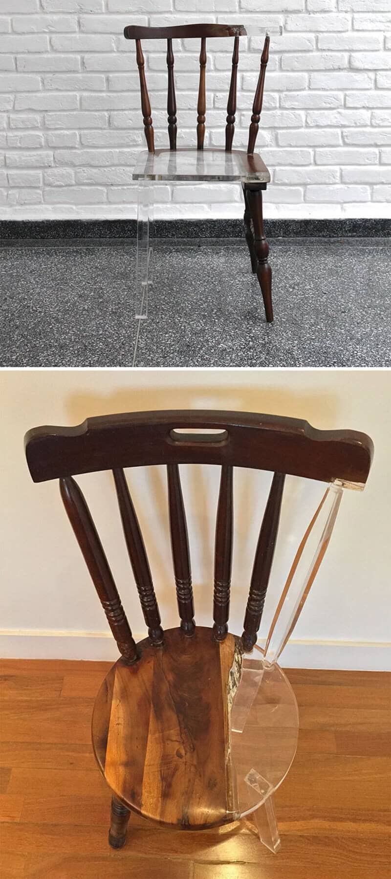 Chair with a broken leg, showing a clear crack and a temporary fix with a transparent adhesive.