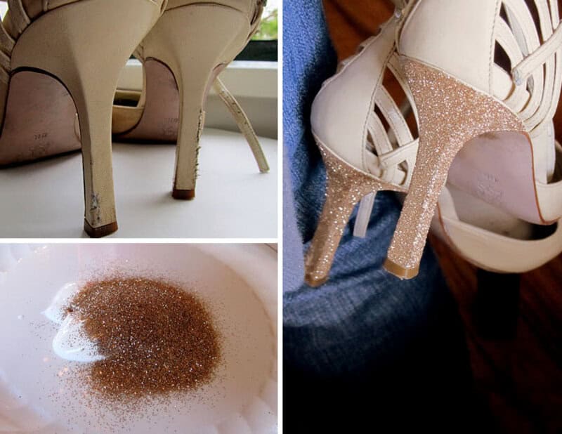 High heels with glitter on the heels and a pile of glitter in a bowl.