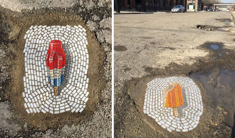 Mosaic art on pavement showing a red and blue figure and a yellow object.