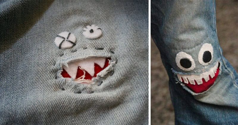 Two images of jeans with playful, cartoonish face patches, one torn with a monster face and the next.