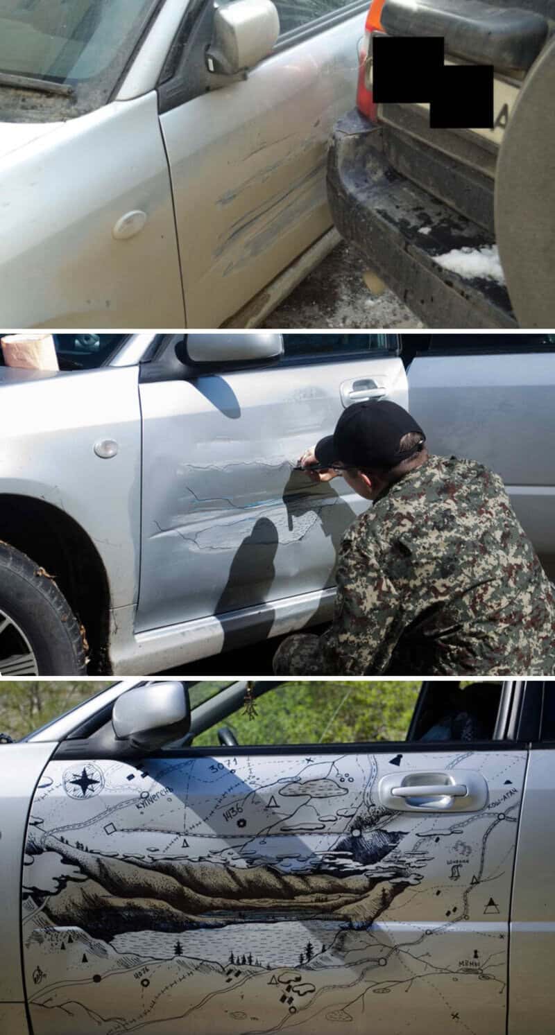 Three images of cars with different types of damage and repairs.