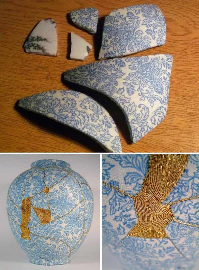 Broken ceramic vase with blue and white pattern, and a damaged decorative lamp.