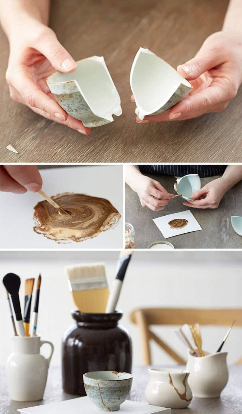 Hands holding a broken ceramic bowl, with images of repairing and decorating ceramics.