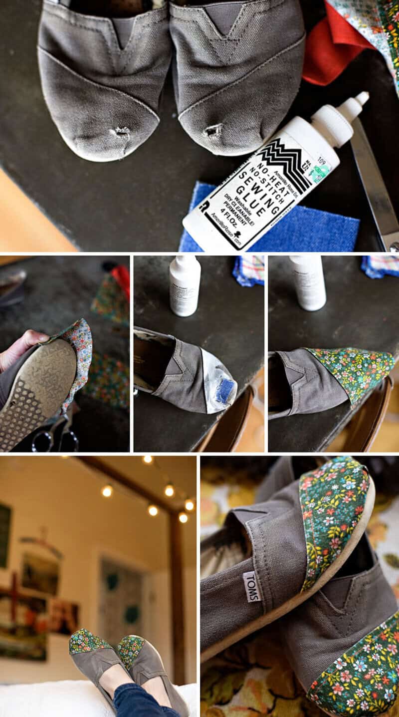 Fixing shoes with glue and fabric patches for creative repair.