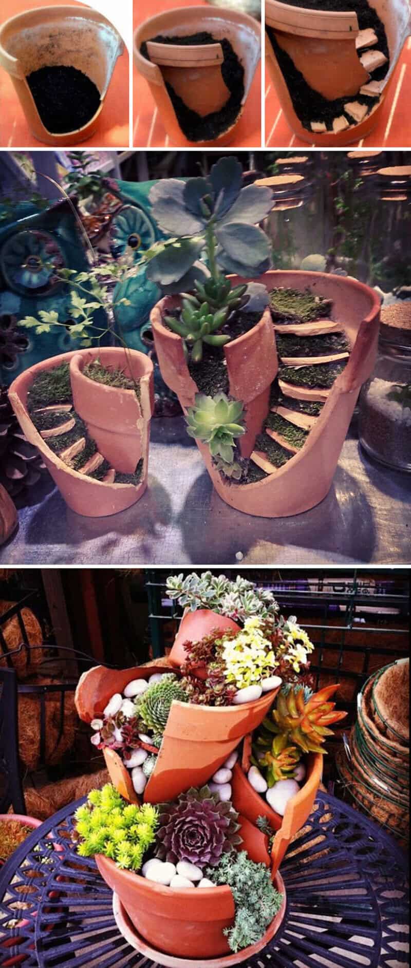 Three images of broken pottery and a plant in a decorative pot with succulents and flowers.