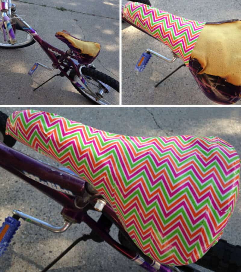 Bicycle with a colorful chevron-patterned seat cover and a damaged seat.