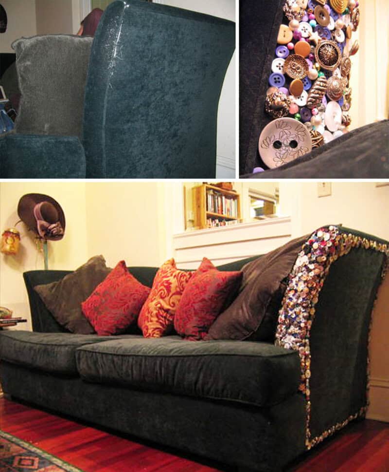 Upholstered sofa with colorful pillows and a sequin-embellished armrest in a cozy living room.