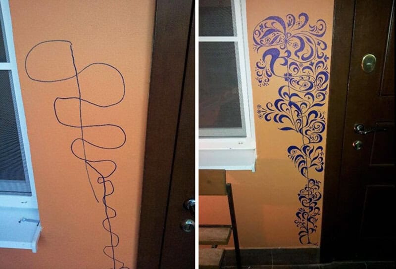 Before and after wall repair with a decorative floral design.