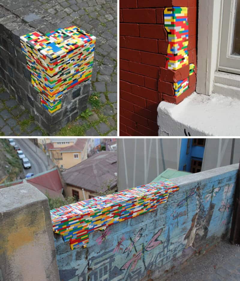 Colorful LEGO bricks used to repair or decorate broken or damaged structures.