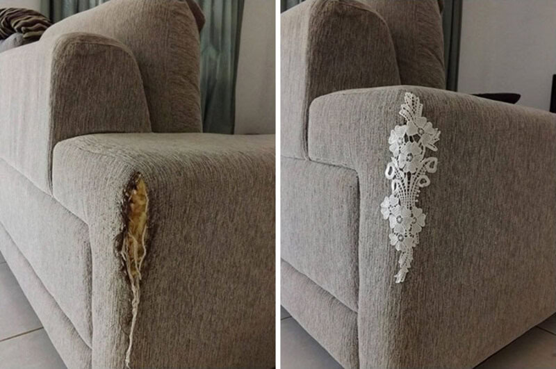 Before and after repair of a torn sofa arm with decorative patch.