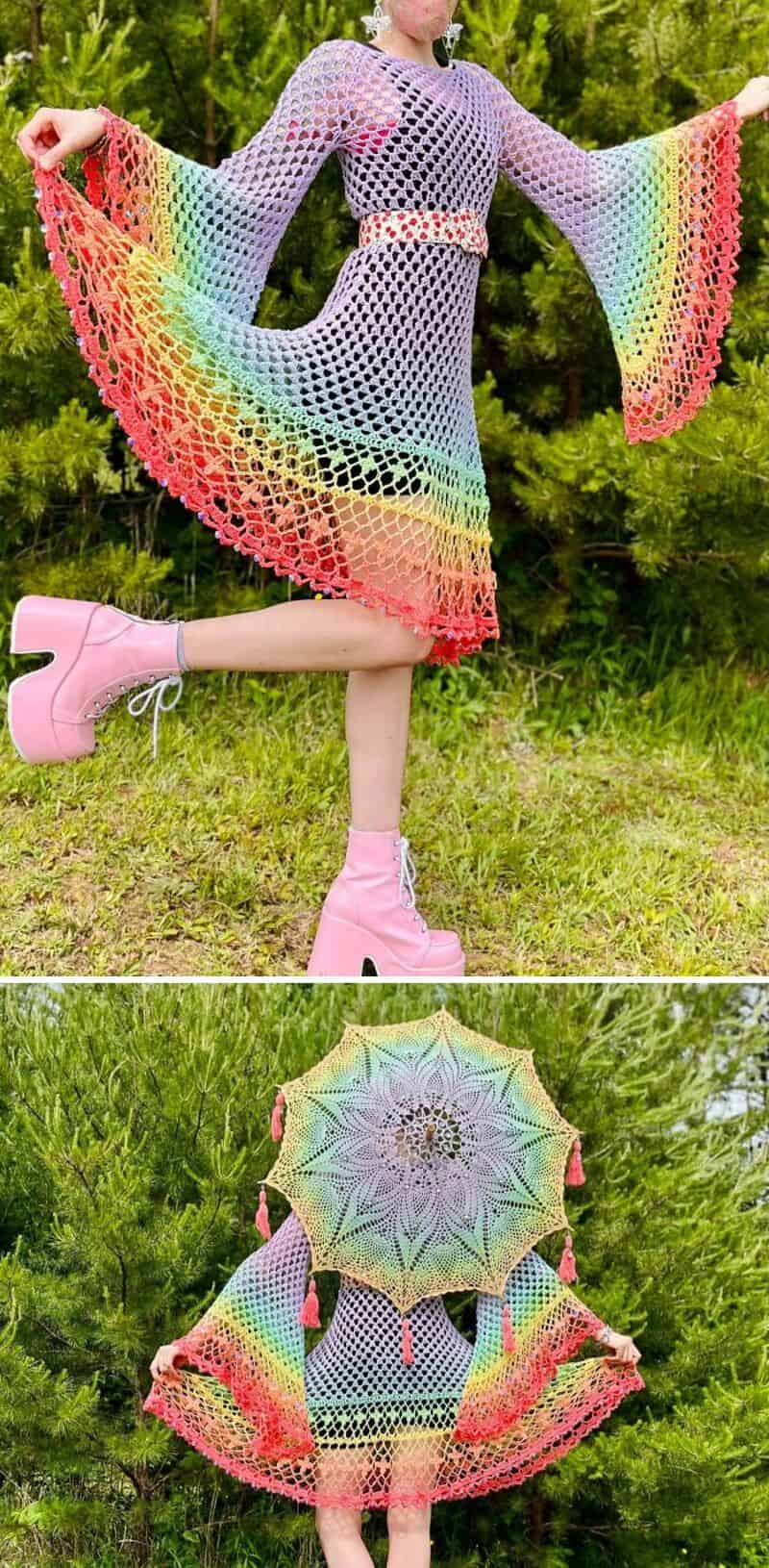 Woman in crochet dress with rainbow colors holding an umbrella in a garden.