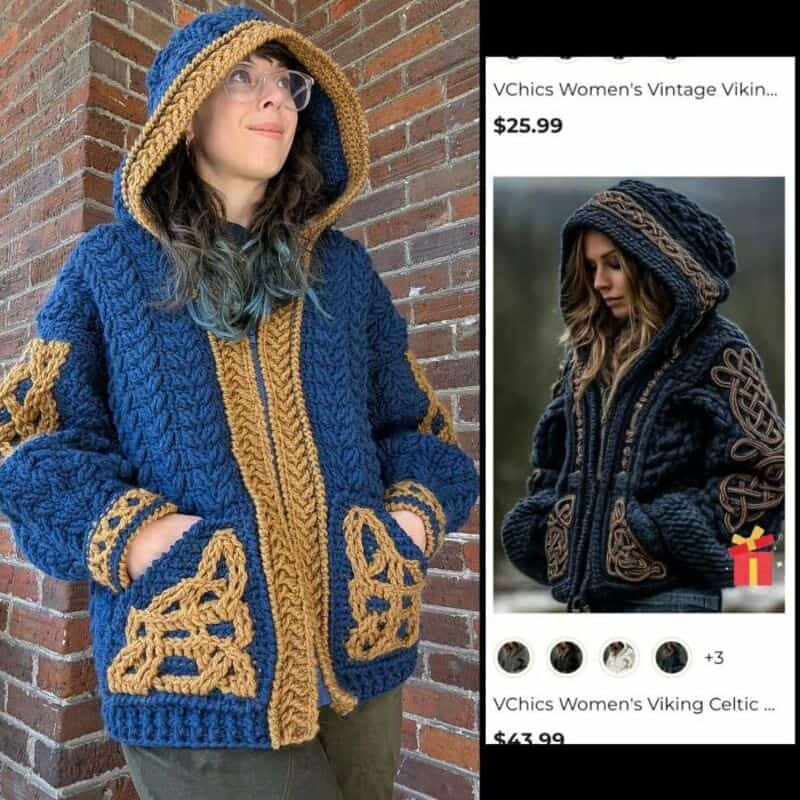 Woman in blue and gold crocheted hoodie with hood up, standing against brick wall.