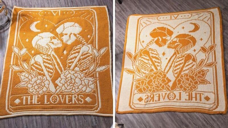 Crochet square with skulls, flowers, moon, and 'The Lovers' text.