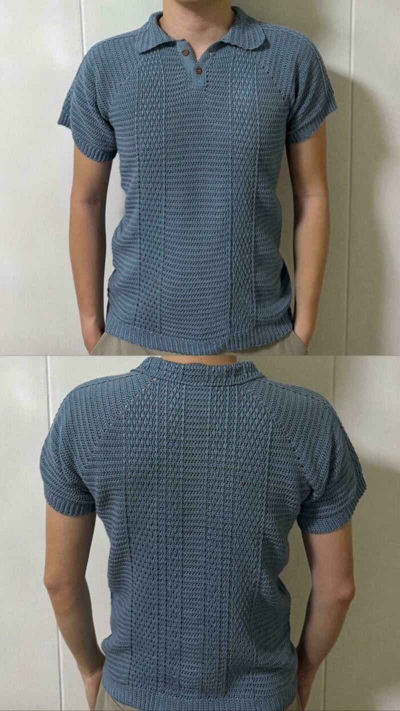Blue short-sleeve polo shirt with textured pattern, front and back views.