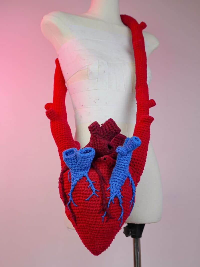 Crochet heart with red and blue arteries on a mannequin torso.