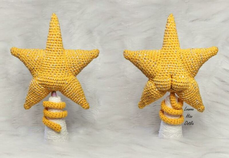 Crocheted yellow star with a hand holding it, shown from front and back.