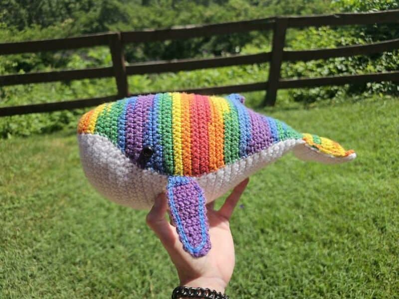 Colorful crocheted whale toy held outdoors with a wooden fence in background.