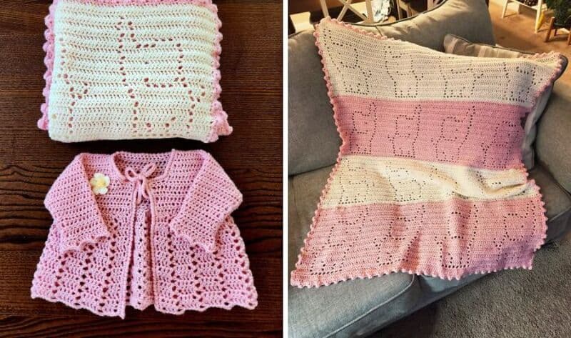 Crochet blanket, dress, and pillow in pink and white colors.