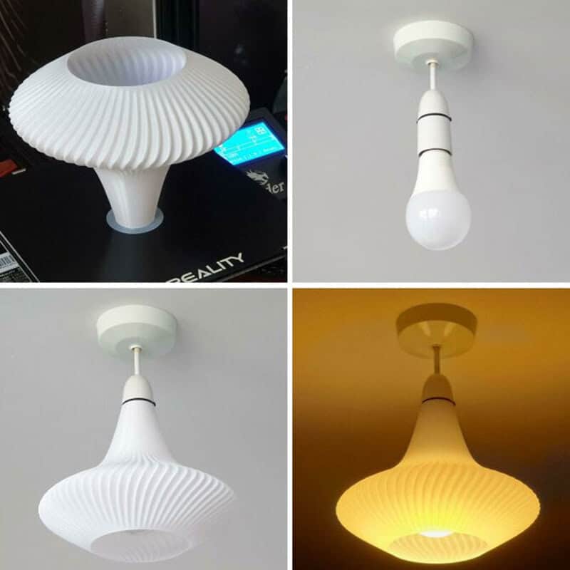 Four images of modern pendant lights with ribbed designs in different lighting conditions.