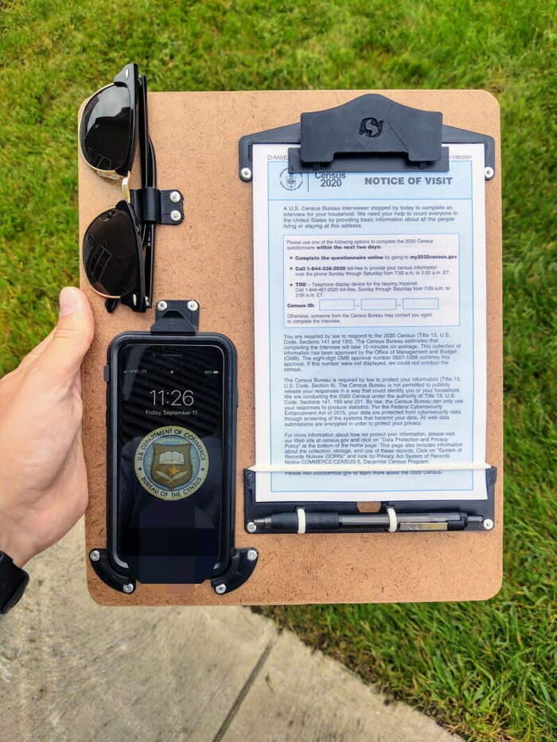 Clipboard with notice of visit, sunglasses, phone, and badge on grass background.