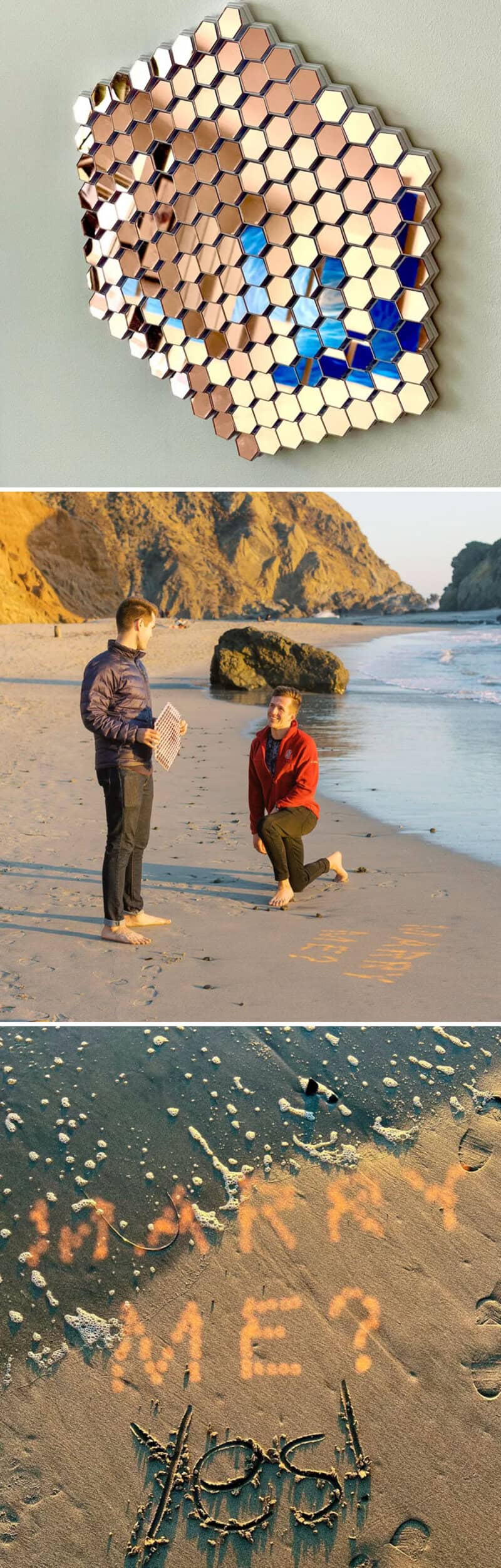Hexagonal mirror art, two children on the beach, and a message in the sand.