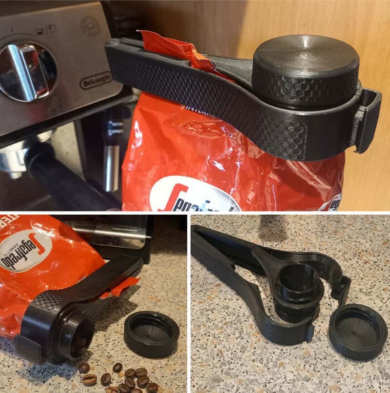 Coffee bag with a black cap and a coffee scoop holder, coffee beans nearby.