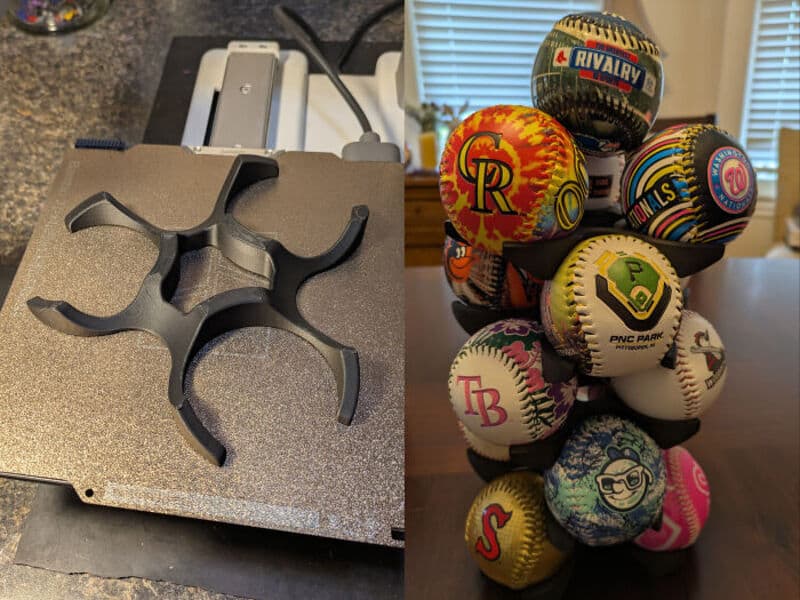 3D printed golf ball holder with colorful golf balls on a table.